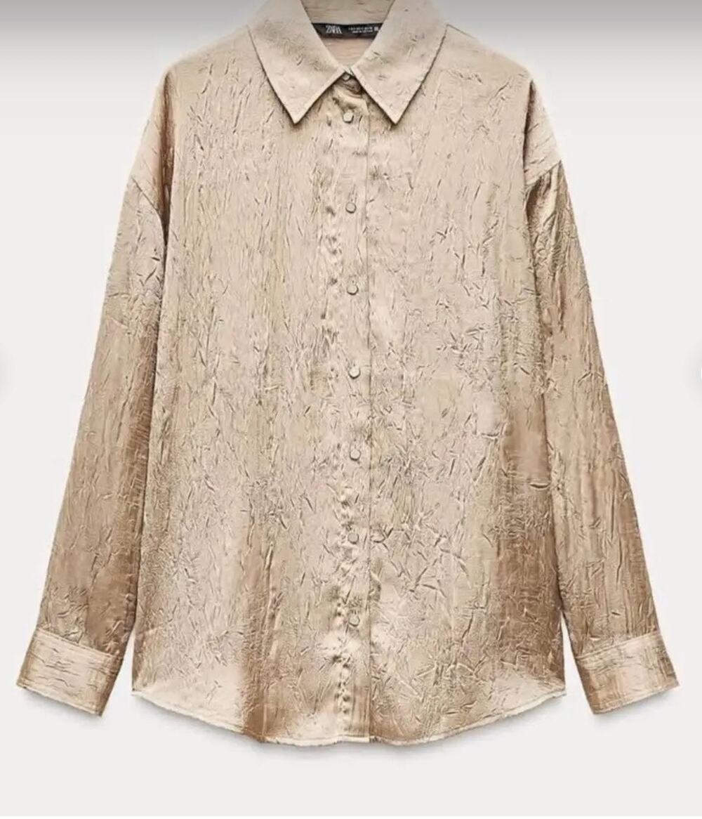 ZARA Champagne Gold Textured Satin Button Down Blouse
Size: L